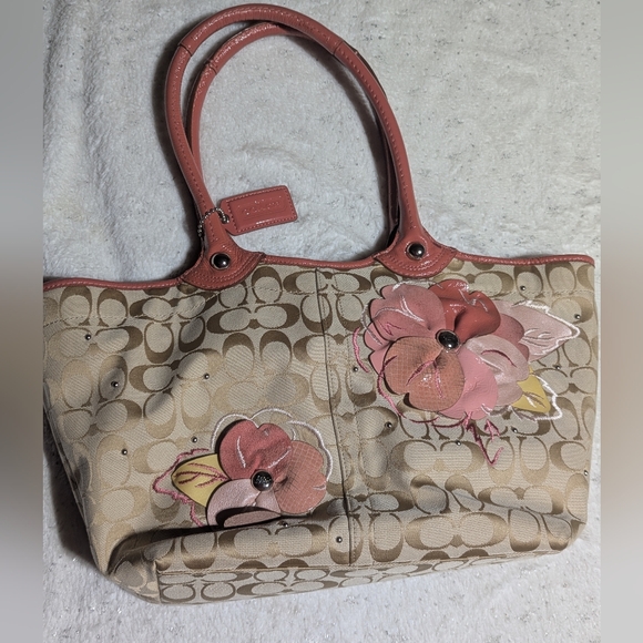 Coach Handbags - Coach Signature Floral Applique Tote Tan Pink Canvas Leather Bag